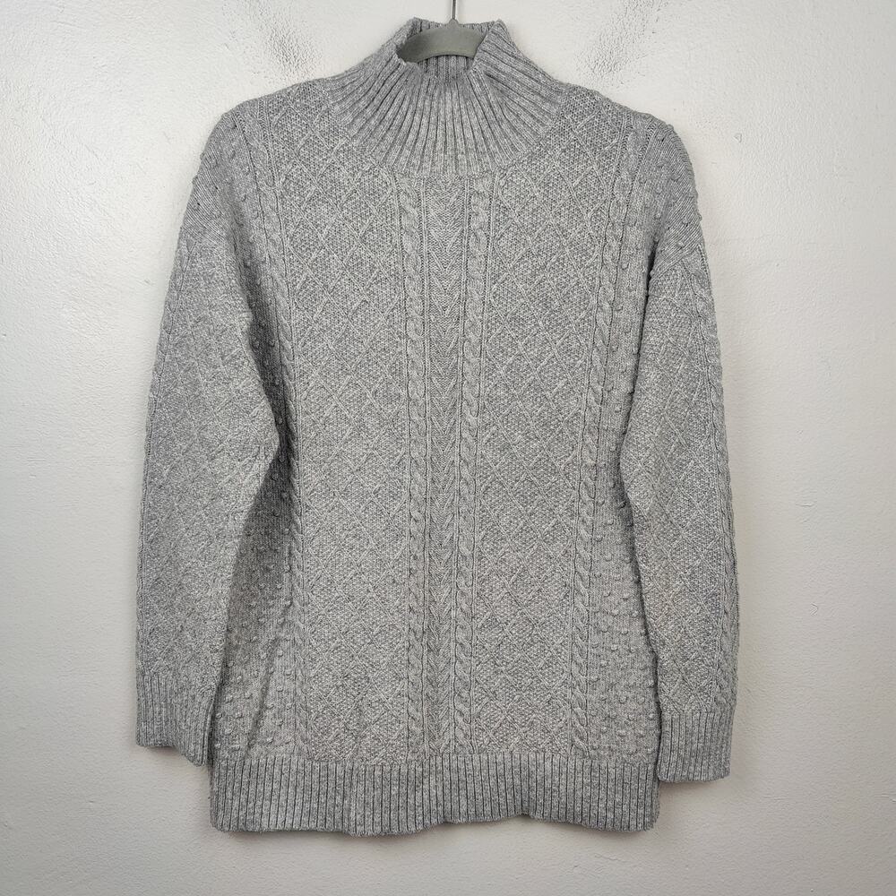 Ann Taylor Cableknit Sweater Womens Medium Gray Mock Neck Wool Blend Preppy